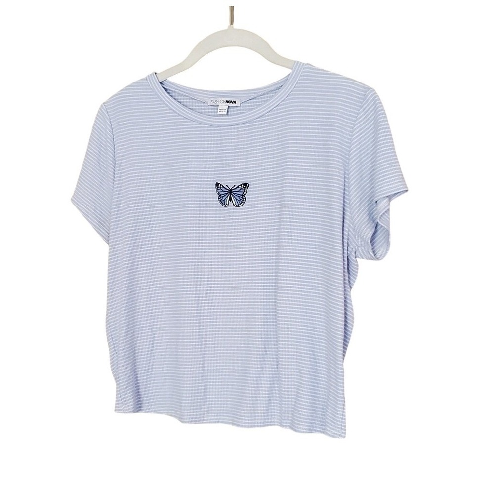 Fashion Nova Cropped Tee Women's Size 1X Striped Butterfly Blue Baby T Shirt